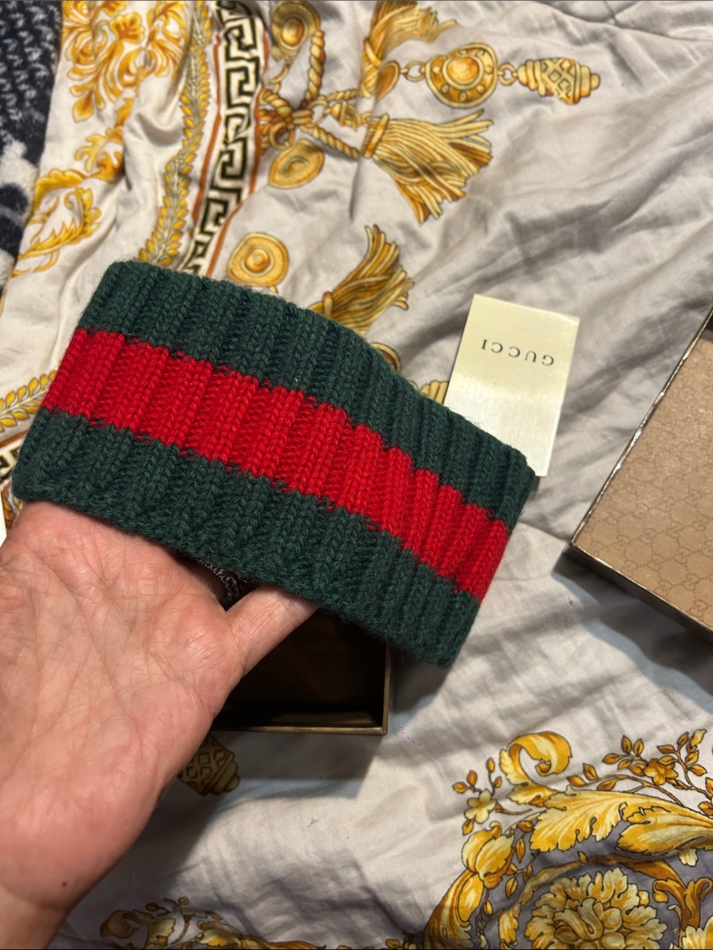Gucci Dark Green Knit Headband with Red Stripe